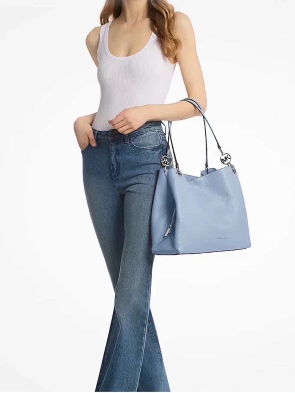 Michael Kors Christina Large Pebbled Leather Shoulder Tote Bag  Pale Ocean NWT